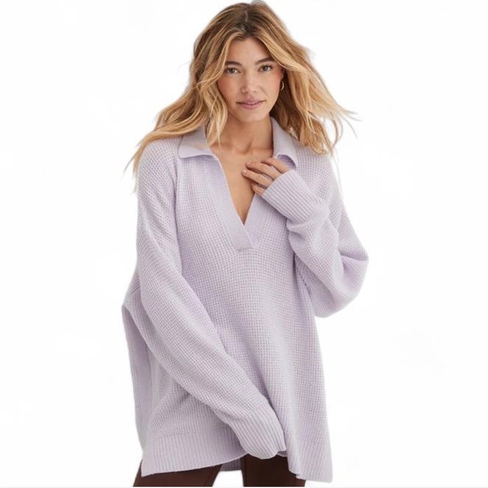 Aerie Oversized Deep-V CozyUp Waffle Polo - Lilac